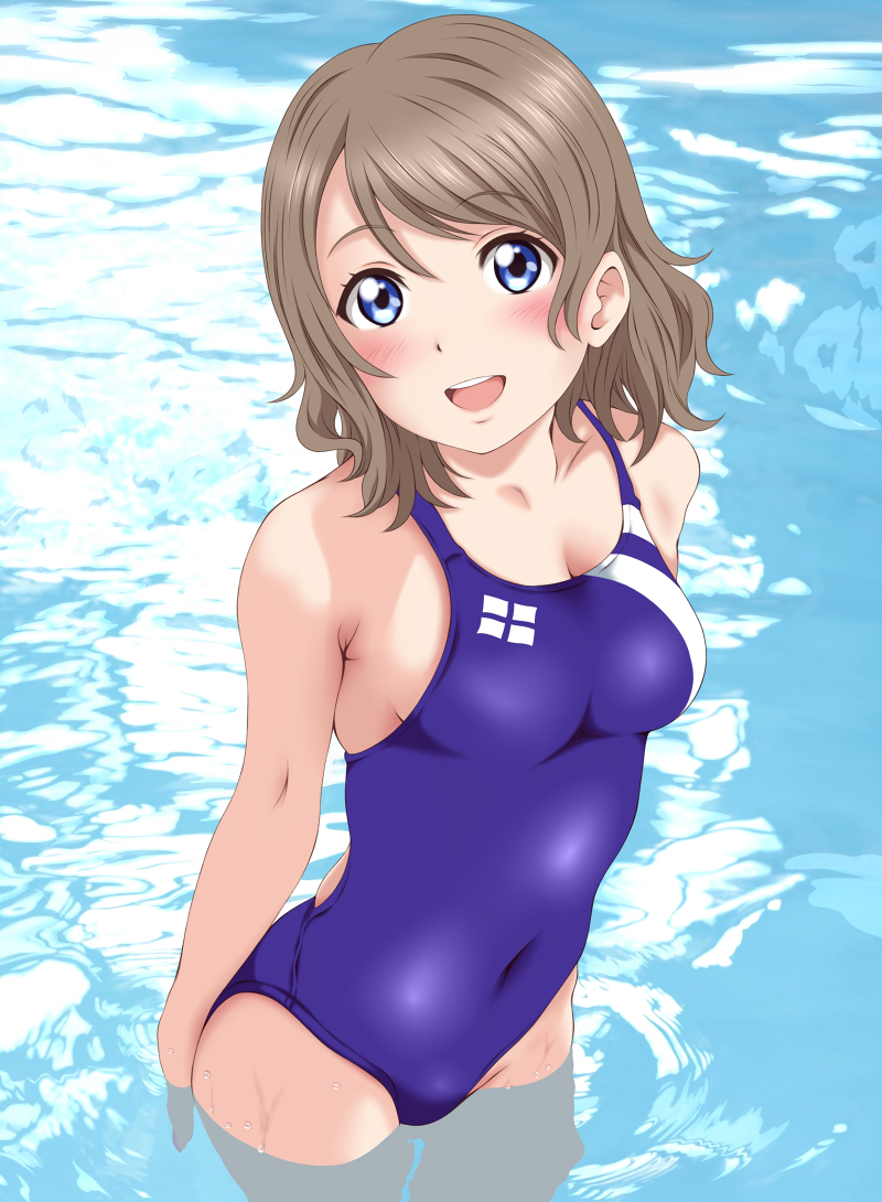 1girl :d bangs blue_eyes blue_swimsuit breasts brown_hair competition_swimsuit covered_navel cowboy_shot eyebrows eyebrows_visible_through_hair from_above keisuke_(0320030103200301) looking_at_viewer love_live! love_live!_sunshine!! one-piece_swimsuit open_mouth short_hair smile solo swimsuit wading watanabe_you water wet