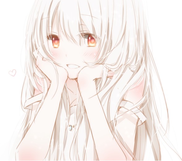 1girl bare_shoulders blush body_blush eyebrows eyebrows_visible_through_hair hair_between_eyes hands_on_own_cheeks hands_on_own_face heart hiro_(hirohiro31) jewelry long_hair looking_at_viewer necklace off_shoulder original portrait red_eyes shirt strap_slip white white_hair white_shirt