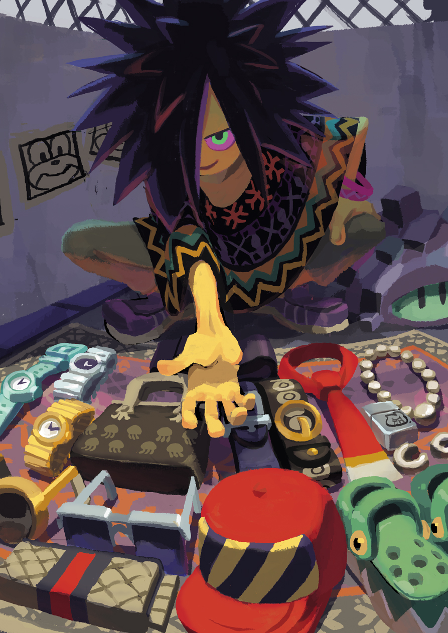 1boy alex_ahad alley bag bangle baseball_cap belt black_hair bracelet crocs daunii_(splatoon) glasses green_eyes hair_over_one_eye handbag hat highres jewelry looking_at_viewer male_focus monster_boy necktie orange_skin poncho purple_sclera sea_urchin solo spiky_hair splatoon squatting sunglasses watch watch