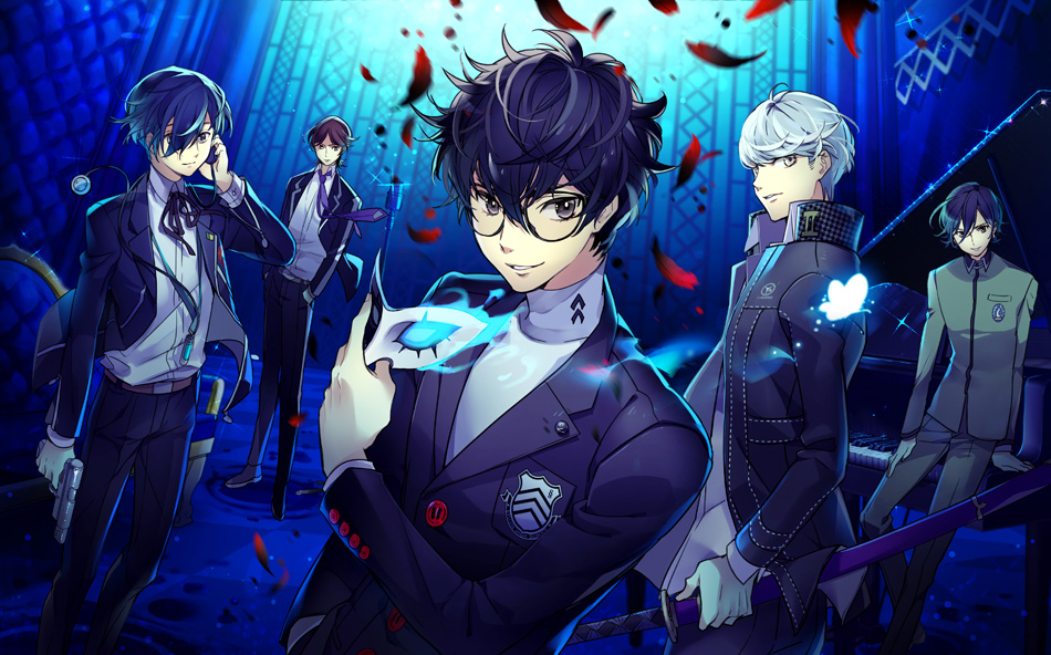 5boys aoi_thomas arisato_minato butterfly digital_media_player glasses gun handgun katana kurusu_akira mask mask_removed multiple_boys narukami_yuu necktie persona persona_1 persona_2 persona_3 persona_4 persona_5 pistol suou_tatsuya sword toudou_naoya velvet_room weapon yuuki_makoto