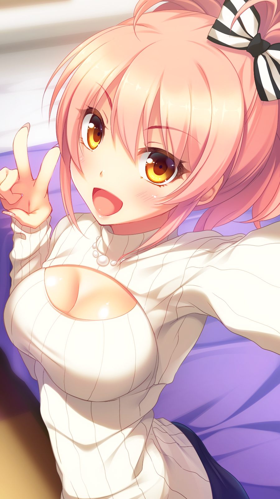 1girl :d blush bow breasts cleavage cleavage_cutout eyebrows eyebrows_visible_through_hair hair_bow highres idolmaster idolmaster_cinderella_girls imachireki jewelry jougasaki_mika looking_at_viewer necklace open-chest_sweater open_mouth pink_hair self_shot short_hair smile solo striped striped_bow sweater turtleneck turtleneck_sweater v yellow_eyes