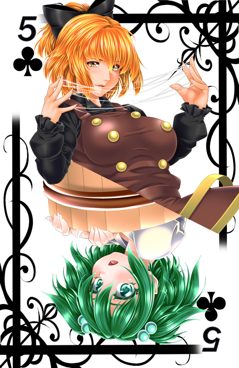 2girls black_bow blush bow breasts brown_dress bucket card dress green_eyes green_hair hair_bobbles hair_bow hair_ornament highres in_bucket in_container japanese_clothes kimono kisume kurodani_yamame large_breasts long_sleeves looking_at_viewer multiple_girls open_mouth orange_hair parted_lips playing_card ponytail smile string touhou two_side_up upper_body upside-down yellow_eyes yoiti