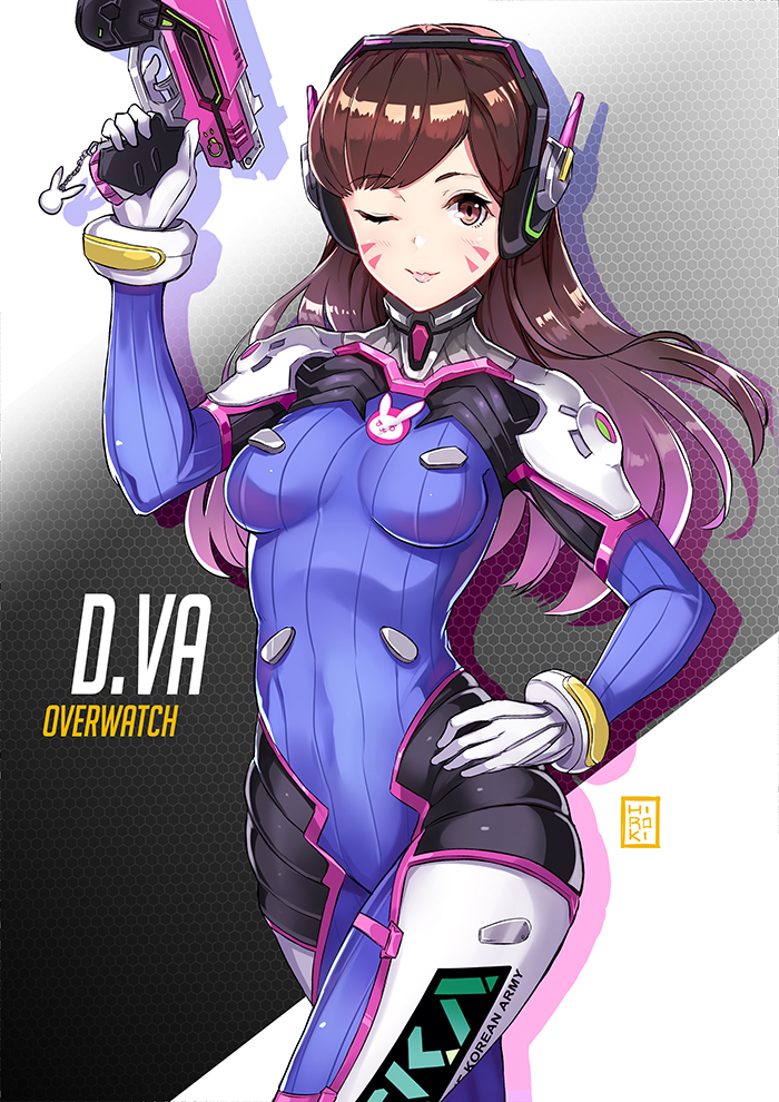 1girl ;) arm_up artist_name blush bodysuit breasts brown_eyes brown_hair charm charm_(object) closed_mouth clothes_writing cowboy_shot d.va_(overwatch) eyebrows eyebrows_visible_through_hair facepaint facial_mark gloves gradient_hair gun hand_on_hip headgear headphones hiroki_(hirokiart) holding holding_gun holding_weapon honeycomb_background long_hair looking_at_viewer medium_breasts multicolored_hair one_eye_closed overwatch pink_hair pink_lips shoulder_pads skin_tight smile solo trigger_discipline walking weapon whisker_markings white_gloves