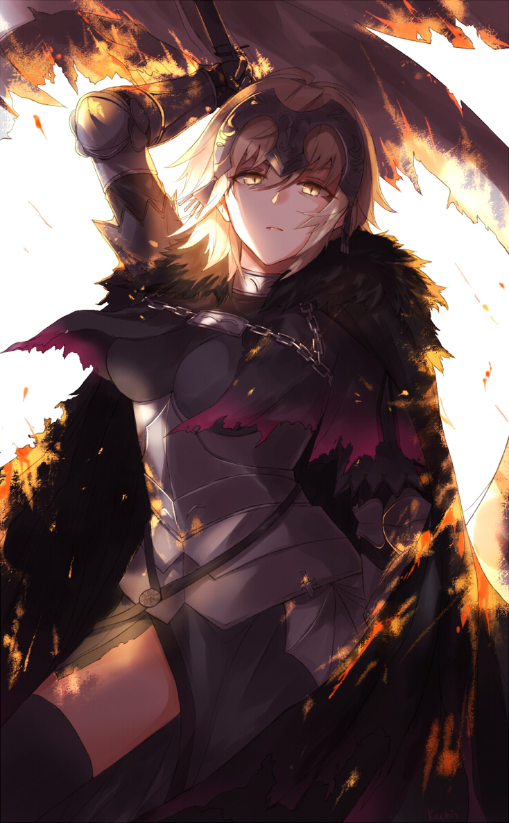1girl armor blonde_hair breasts cape fate/grand_order fate_(series) fire flag gauntlets headpiece jeanne_alter kachiino looking_at_viewer ruler_(fate/apocrypha) ruler_(fate/grand_order) short_hair solo thigh-highs yellow_eyes