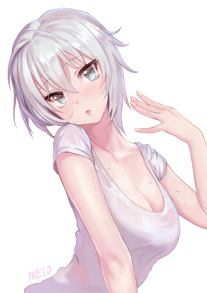 1girl :o anastasia_(idolmaster) artist_name blush breasts cleavage eyebrows eyebrows_visible_through_hair grey_eyes hair_between_eyes head_tilt hot idolmaster idolmaster_cinderella_girls looking_at_viewer meto31 shirt silver_hair simple_background solo sweat sweating upper_body wet_clothes white_background white_shirt