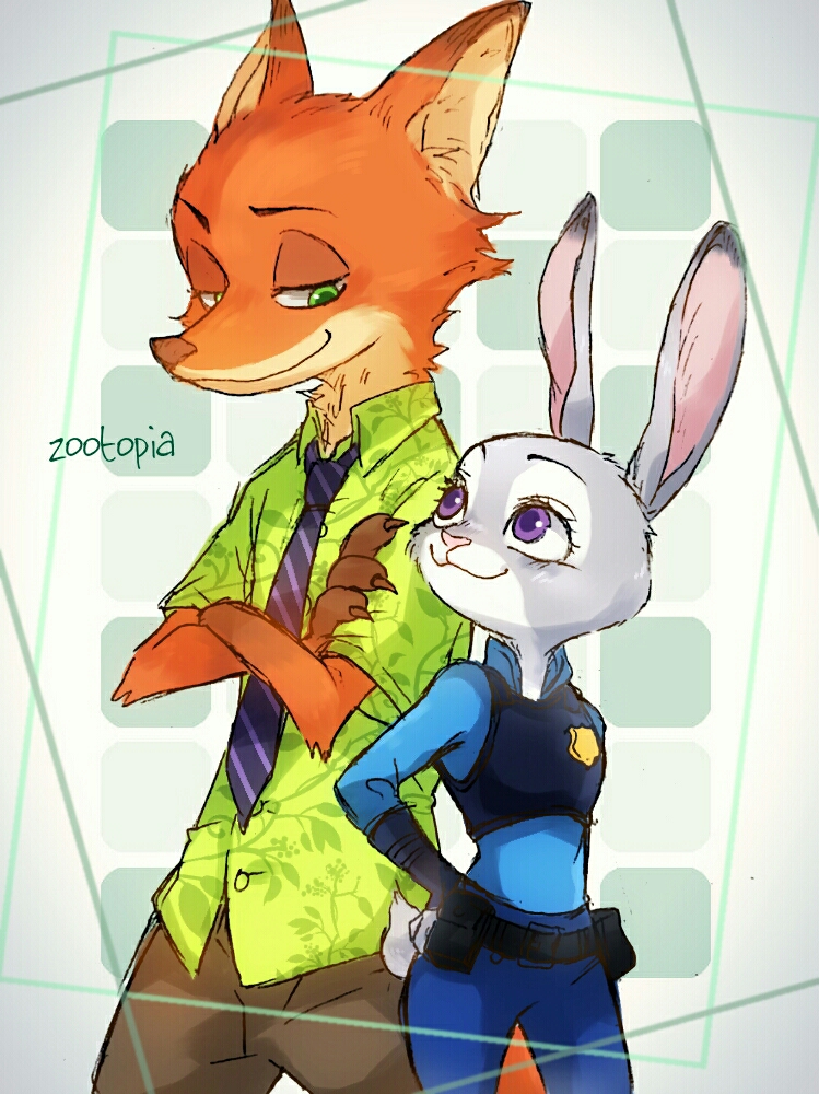 1boy 1girl animal_ears disney fox fox_ears furry judy_hopps looking_at_another mk nick_wilde police police_uniform rabbit rabbit_ears smile standing sweat tail uniform upper_body white_background zootopia