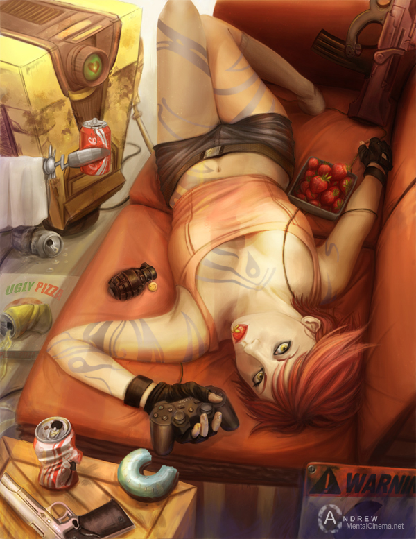 1girl belt borderlands box chaps claptrap controller couch doughnut fingerless_gloves food fruit game_console gloves gun heart lilith_(borderlands) playstation redhead short_hair shorts soda solo strawberry tattoo towel weapon yellow_eyes