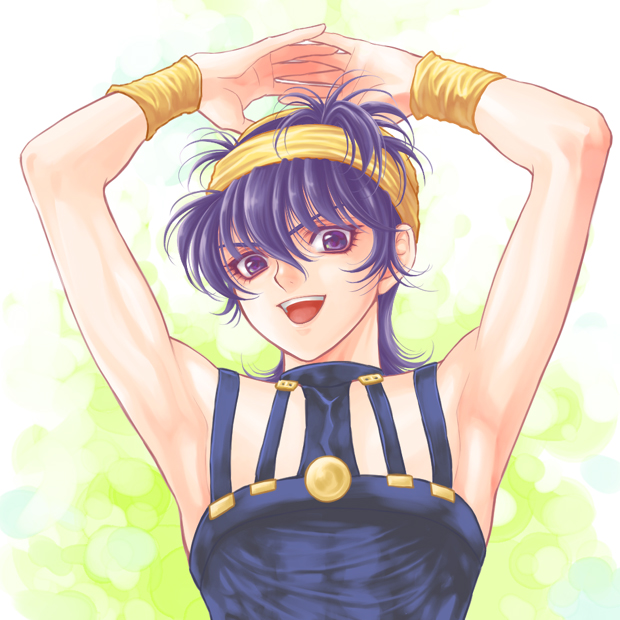 1boy arms_up baitu hairband jojo_no_kimyou_na_bouken male_focus narancia_ghirga open_mouth purple_hair smile solo upper_body violet_eyes wristband