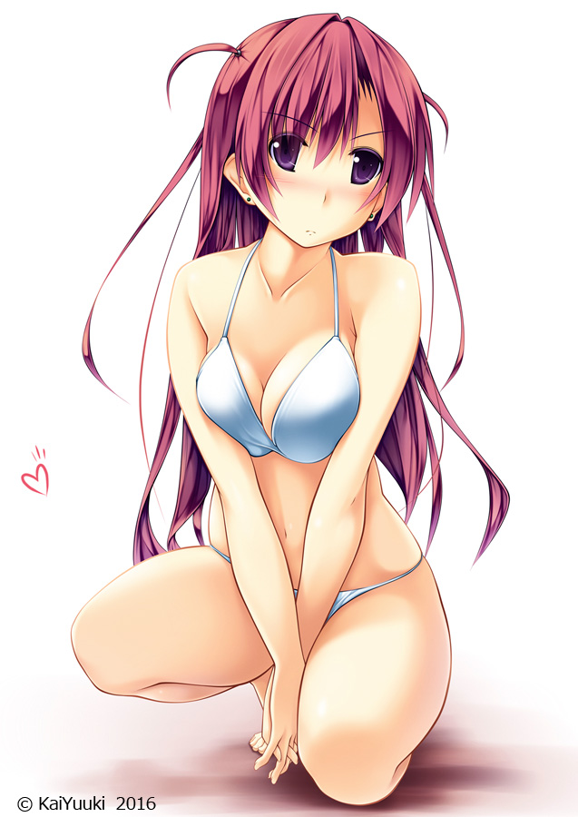1girl bikini kai_yuuki kneeling long_hair original redhead simple_background solo swimsuit violet_eyes
