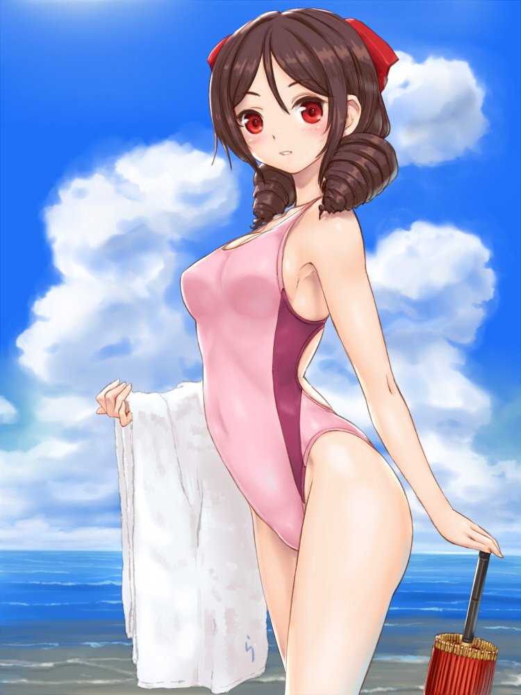 1girl alternate_costume arched_back bare_shoulders beach blue_sky blush bow breasts brown_hair closed_umbrella clouds cloudy_sky competition_swimsuit covered_navel drill_hair from_side hair_between_eyes hair_bow harukaze_(kantai_collection) kantai_collection long_hair looking_at_viewer medium_breasts ocean one-piece_swimsuit oriental_umbrella outdoors pink_swimsuit rasukaru red_bow red_eyes sky smile solo swimsuit thighs towel twin_drills umbrella water