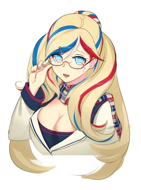 adjusting_glasses amber_(5_22_lili) anchor_hair_ornament bespectacled blonde_hair blue_eyes blue_hair breasts cleavage commandant_teste_(kantai_collection) glasses hair_ornament hairclip kantai_collection large_breasts long_hair long_sleeves looking_at_viewer multicolored_hair nail_polish no_hat no_headwear open_mouth redhead streaked_hair sweatdrop