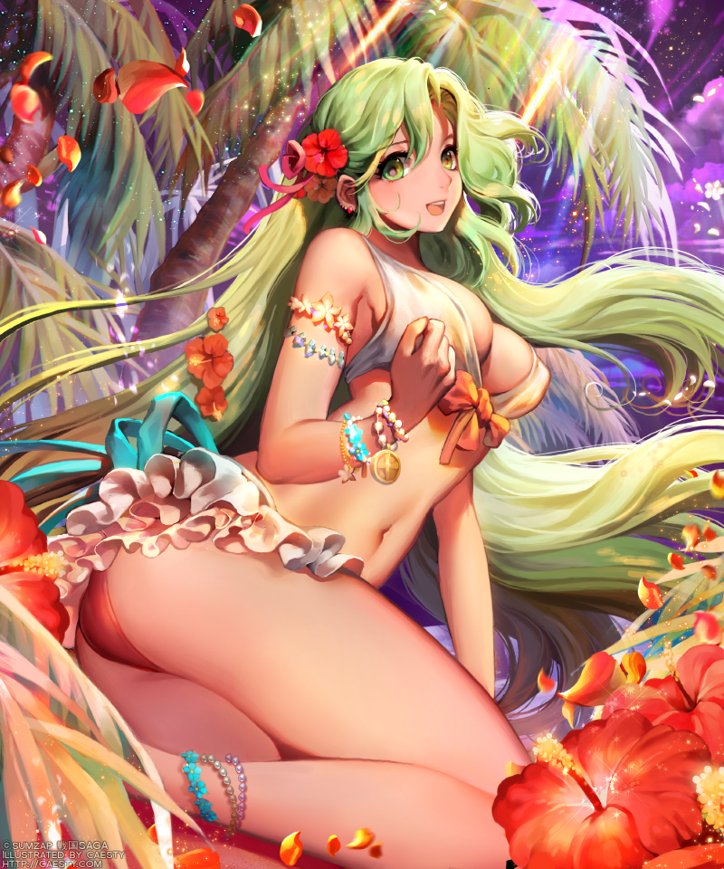1girl :d anklet arm_support armlet artist_name bangs bare_shoulders beads bikini bracelet caesty clenched_hand coin_(ornament) ear_clip eyelashes floating_hair flower frilled_bikini frills front-tie_bikini front-tie_top green_eyes green_hair hair_between_eyes hair_flower hair_ornament hair_ribbon half_updo jewelry light_particles long_hair looking_at_viewer navel night night_sky open_mouth outdoors palm_tree petals purple_sky red_flower ribbon sengoku_saga sitting sky smile solo stomach swimsuit tree tropical very_long_hair watermark web_address white_bikini yokozuwari