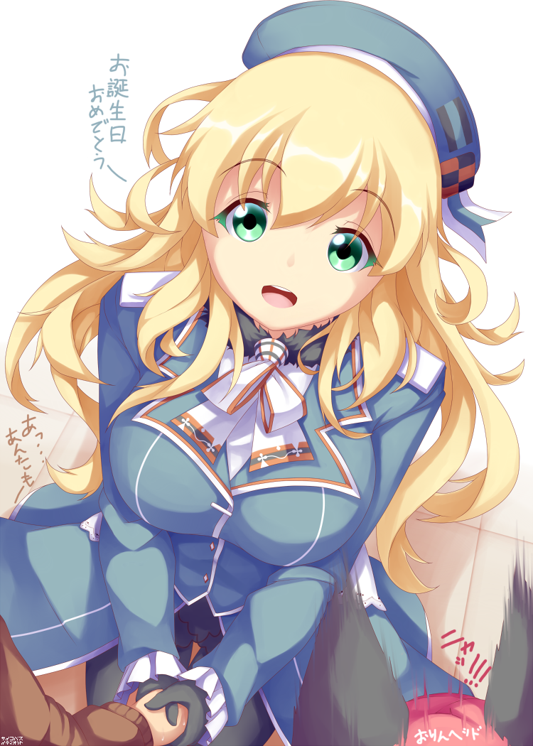 1girl animal_ears atago_(kantai_collection) black_gloves black_legwear blonde_hair breasts cat_ears gloves green_eyes hat holding_hand jacket kaenbyou_rin kantai_collection large_breasts long_hair long_sleeves military military_uniform open_mouth pantyhose pov pov_hands psychopath_idiot redhead smile solo translated uniform very_long_hair wavy_hair