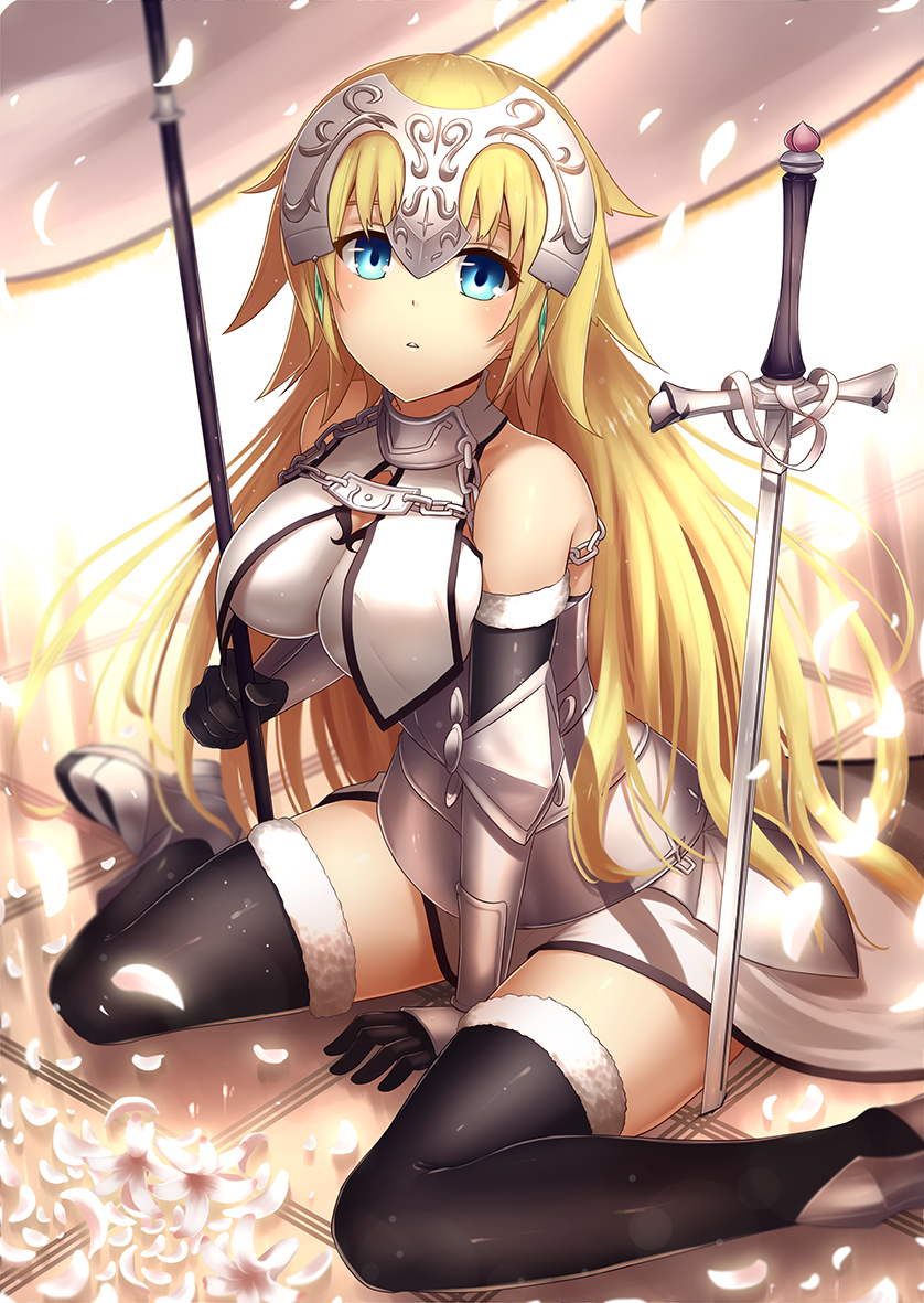 1girl arm_support armor armored_dress bangs between_legs black_gloves black_legwear blonde_hair blue_eyes blurry blush breasts bu_li chains depth_of_field dress fate/apocrypha fate/grand_order fate_(series) faulds flag floor fur_trim gauntlets gloves glowing hand_between_legs headpiece holding jewelry large_breasts long_hair looking_at_viewer on_floor parted_lips petals planted_sword planted_weapon ruler_(fate/apocrypha) ruler_(fate/grand_order) sitting sleeveless solo sword thigh-highs wariza weapon white_flower wind