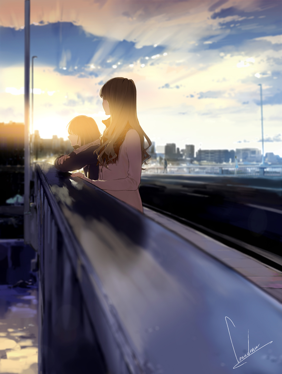 2girls artist_name blurry bridge brown_hair building city clouds cloudy_sky coat cover cover_page depth_of_field fringe from_side highres kiokuya lamppost leaning_forward lens_flare light_rays long_hair long_sleeves looking_away loundraw multiple_girls official_art outdoors profile railing red_scarf river road scarf signature sky standing street walking water white_scarf winter_clothes winter_coat