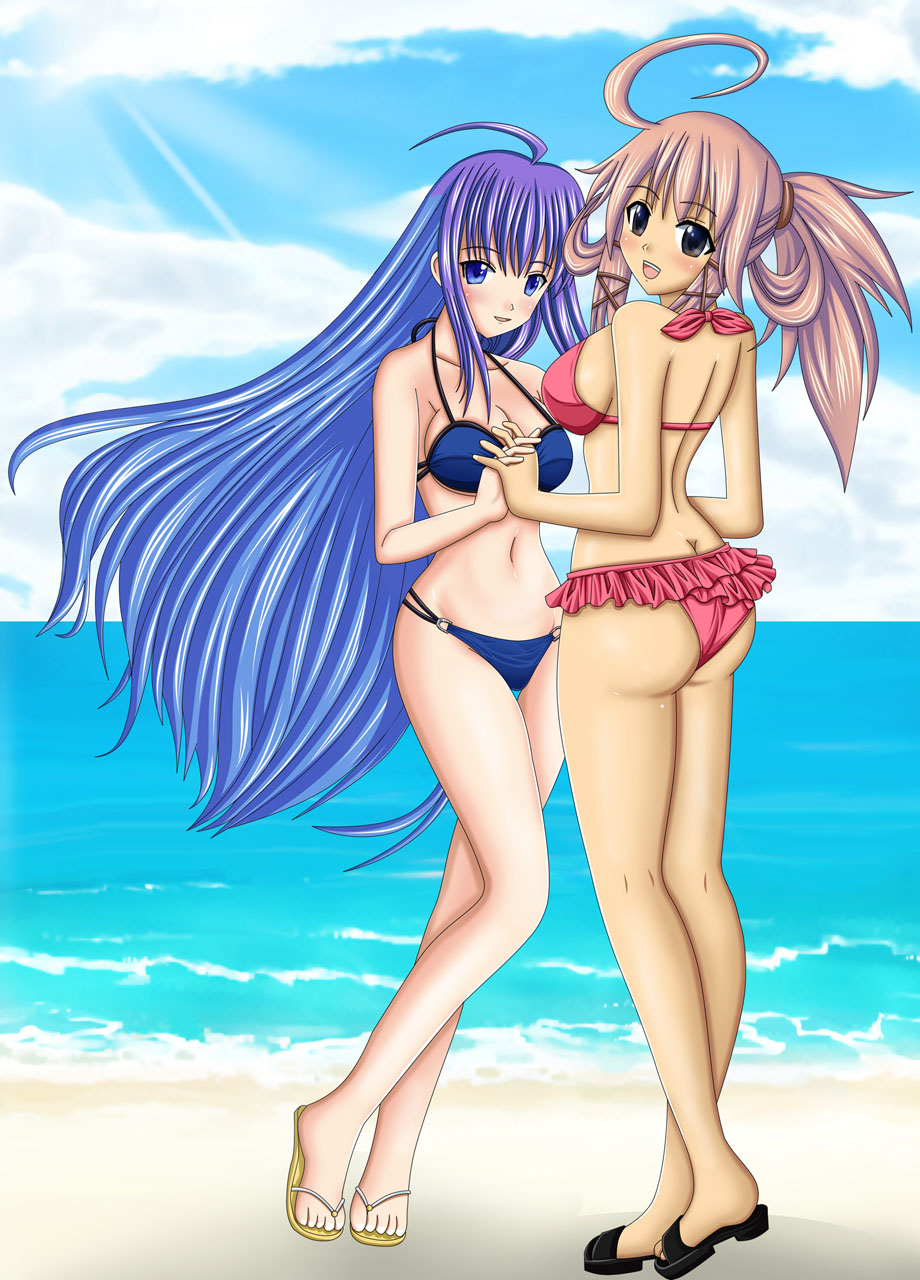 2girls atlus beach bikini blush breasts butt_crack character_request female full_body hand_holding interlocked_fingers looking_at_viewer looking_back luminous_arc_2 multiple_girls seraphina swimsuit very_long_hair