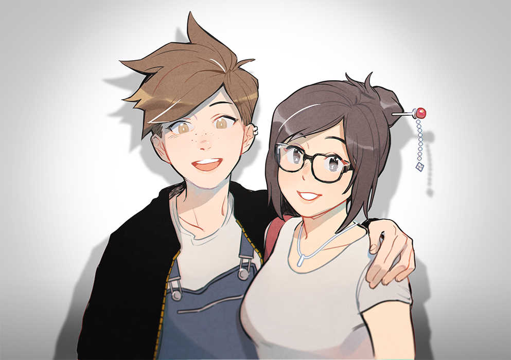 2girls :d bangs beads black-framed_eyewear black_jacket breasts brown_eyes brown_hair collarbone ear_piercing eyebrows eyebrows_visible_through_hair fingernails freckles glasses grin hair_bun hair_ornament hair_stick hand_on_another's_shoulder jacket kaiui16 looking_at_viewer mei_(overwatch) multiple_girls open_clothes open_jacket open_mouth overalls overwatch piercing pink_lips shadow shirt short_sleeves sidelocks smile snowflake_hair_ornament spiky_hair swept_bangs tracer_(overwatch) upper_body white_shirt