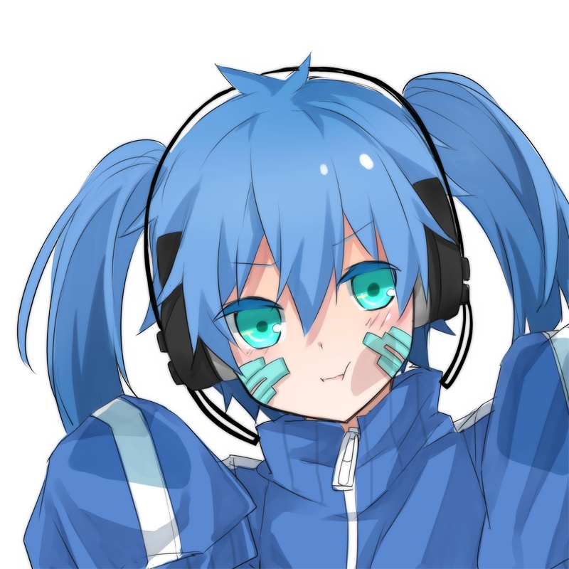 1girl :t aqua_eyes blue_hair blush ene_(kagerou_project) enomoto_takane female frown headphones kagerou_project kuangquanshui long_hair long_sleeves md5_mismatch pout solo twintails