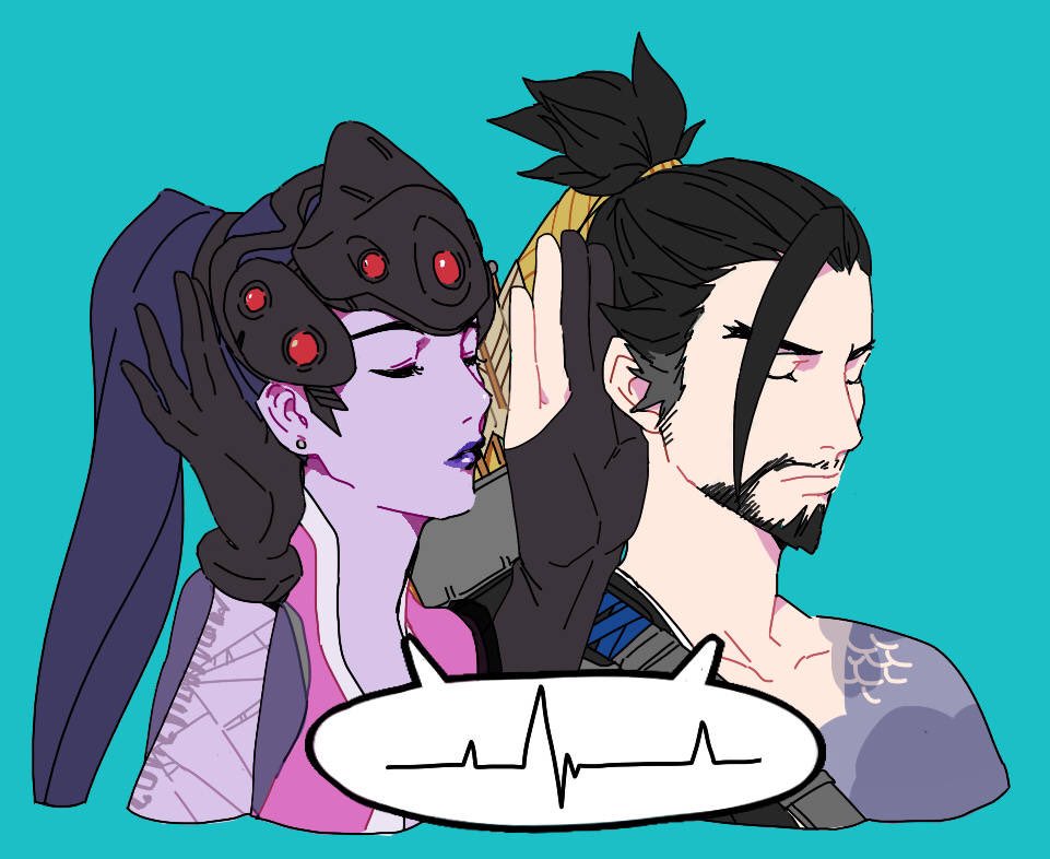 1boy 1girl arm_tattoo asymmetrical_clothes bandolier bare_shoulders beard black_gloves black_hair body_writing bodysuit center_opening closed_mouth collarbone commentary earrings facial_hair gloves goatee green_background hair_ribbon hand_to_head hand_up hanzo_(overwatch) head_mounted_display heartbeat hu_(saimens) japanese_clothes jewelry lipstick makeup mustache nose overwatch purple_hair purple_lips purple_lipstick ribbon short_ponytail simple_background stud_earrings tattoo turtleneck visor widowmaker_(overwatch) yellow_ribbon