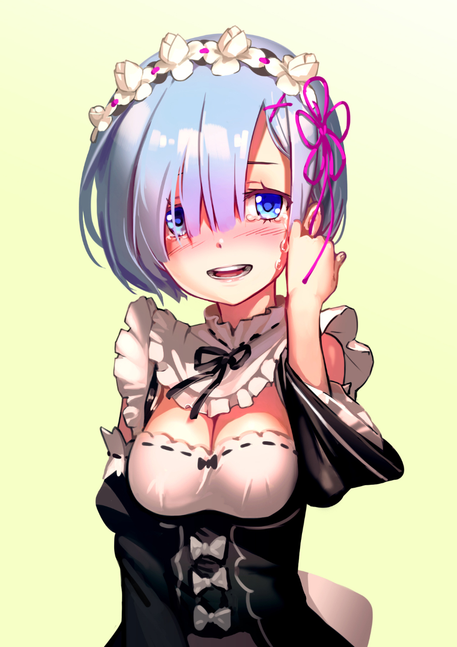 1girl as109 blue_eyes blue_hair blush breasts detached_sleeves hair_ornament hair_over_one_eye highres large_breasts looking_at_viewer maid open_mouth re:zero_kara_hajimeru_isekai_seikatsu rem_(re:zero) revision short_hair simple_background solo tears white_legwear x_hair_ornament