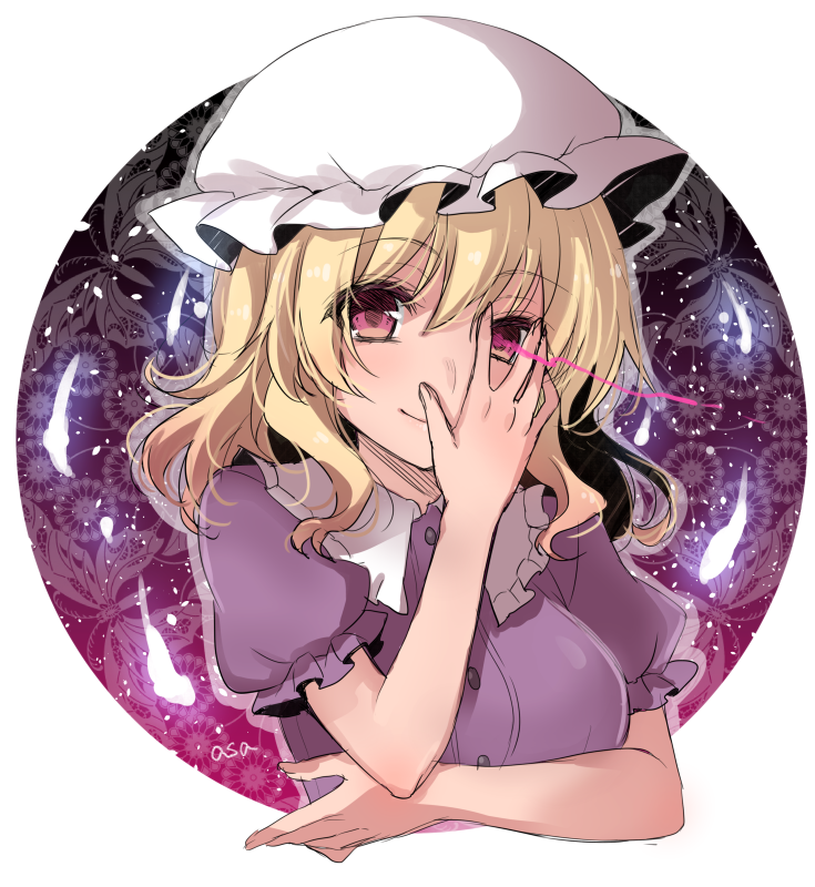 1girl asa_(coco) blonde_hair butterfly_background buttons closed_mouth covering_face frilled_shirt_collar frilled_sleeves frills glowing glowing_eye hat looking_at_viewer maribel_hearn mob_cap outline puffy_short_sleeves puffy_sleeves short_hair short_sleeves smile solo touhou upper_body white_hat