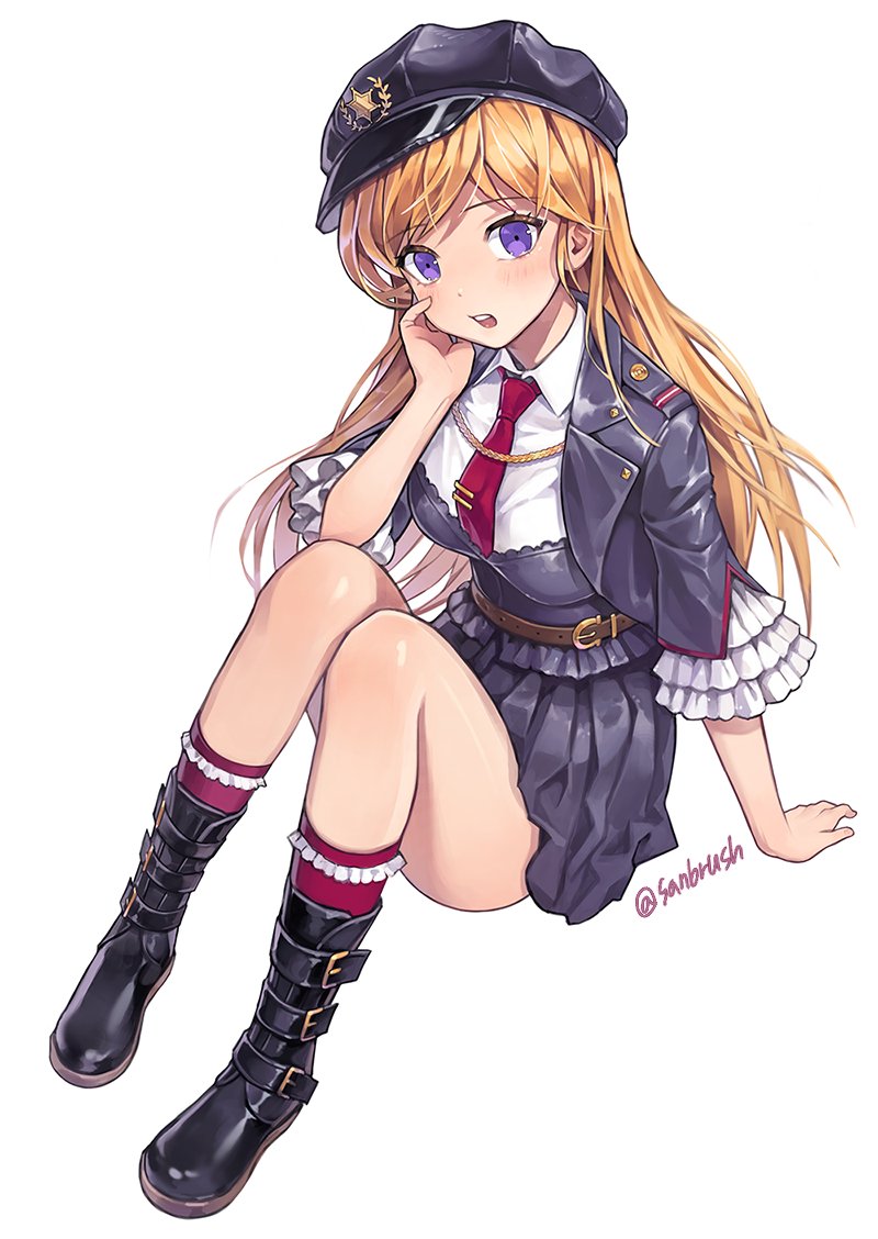 1girl black_boots blonde_hair blush boots breasts collared_shirt frilled_legwear full_body hand_on_own_cheek hat kinchee knee_boots kneehighs long_hair necktie open_mouth original peaked_cap red_legwear red_necktie shirt simple_background solo twitter_username very_long_hair violet_eyes white_background white_shirt wing_collar