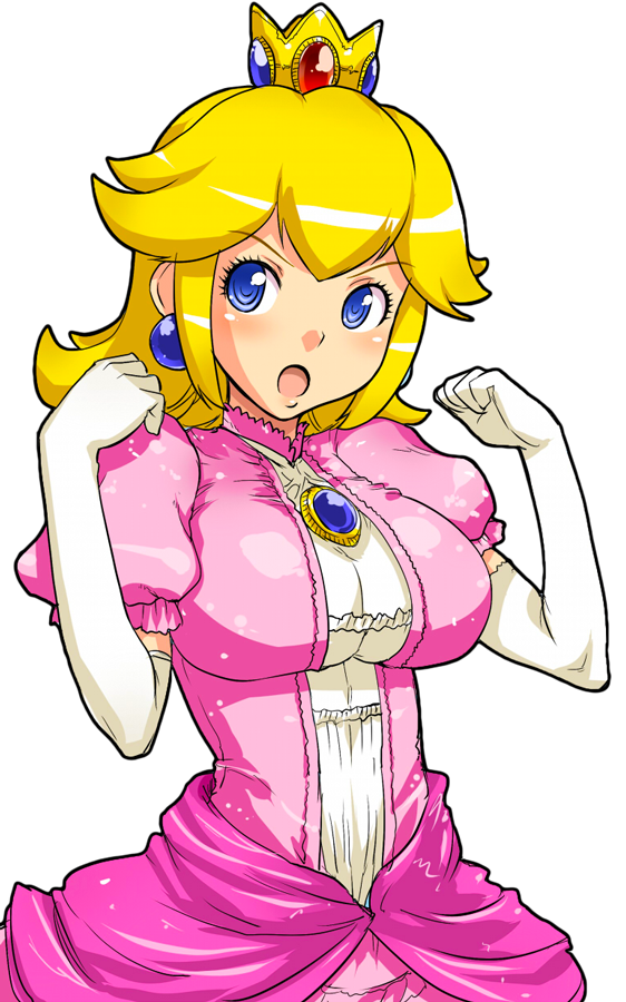 1girl blonde_hair blue_eyes blush breasts crown dress large_breasts nintendo princess_peach super_mario_bros.