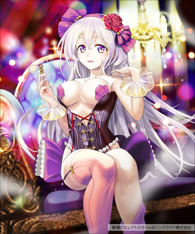 1girl :o bangs bare_shoulders bottle bow breasts chair chandelier collarbone copyright_name corset curtains flower garter_straps hair_between_eyes hair_flower hair_ornament hair_ribbon holding kuroi long_hair looking_at_viewer official_art perfume_bottle pink_legwear purple_bow ribbon see-through senjou_no_electro_girl silver_hair sitting smile solo sparkle thigh-highs violet_eyes