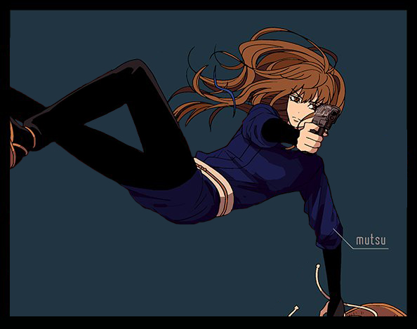 1girl brown_hair gintama gun long_hair mutsu_(gintama) sandogasa solo weapon