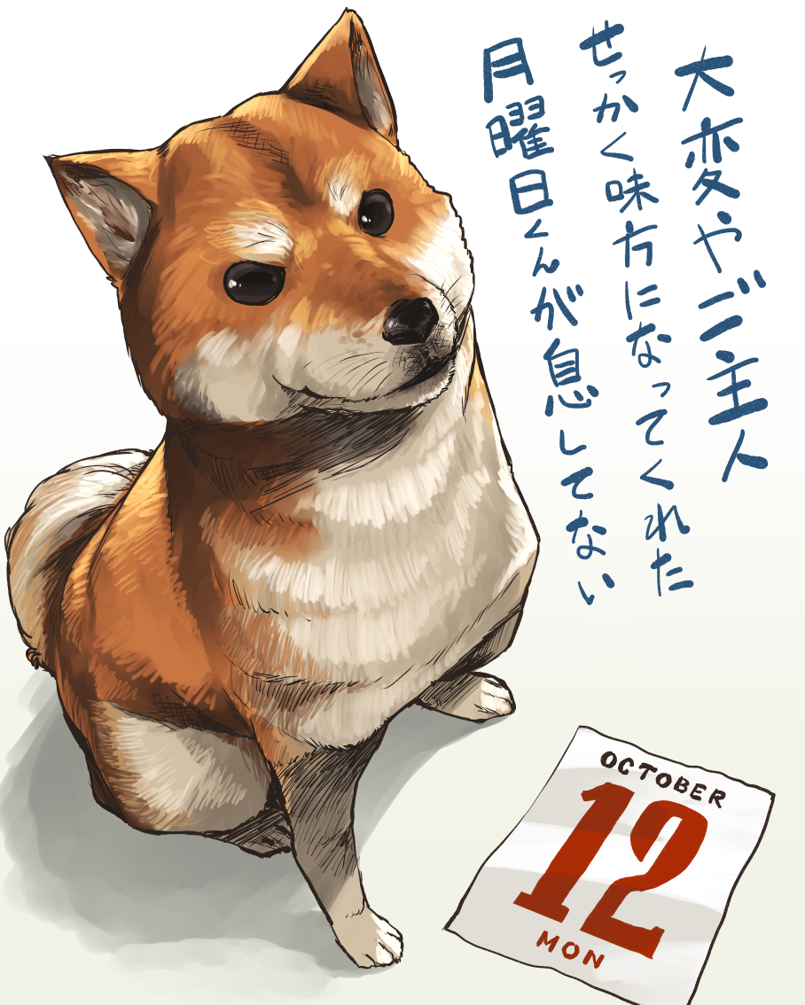 aaru_(tenrake_chaya) animal black_eyes brown_fur calendar_(object) closed_mouth dog from_above full_body looking_at_viewer no_humans number october shiba_inu sitting text translation_request whiskers white_fur