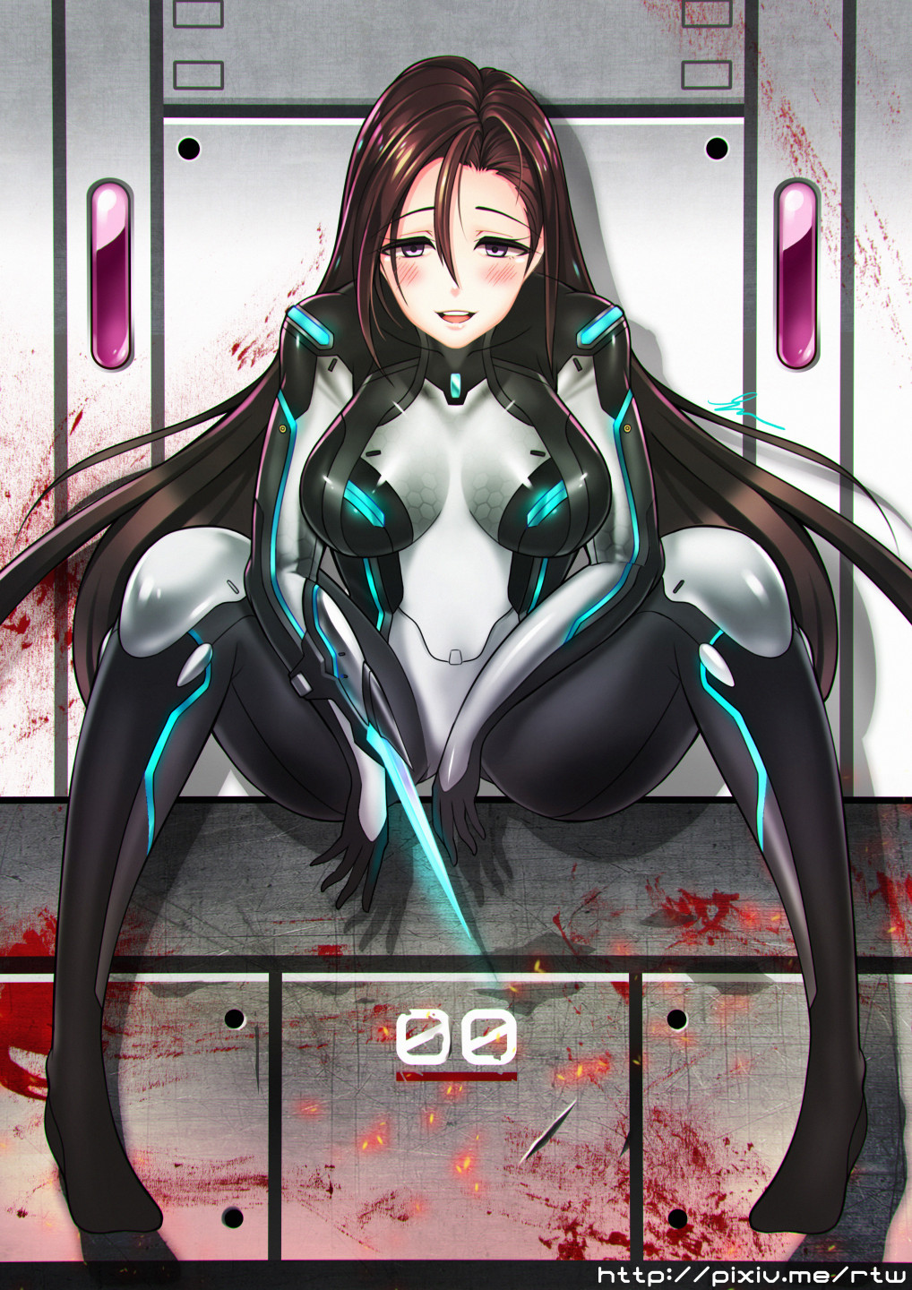 1girl blade blood blush bodysuit breasts brown_hair cawang formal highres long_hair mecha medium_breasts original science_fiction smile solo suit violet_eyes watermark web_address yandere