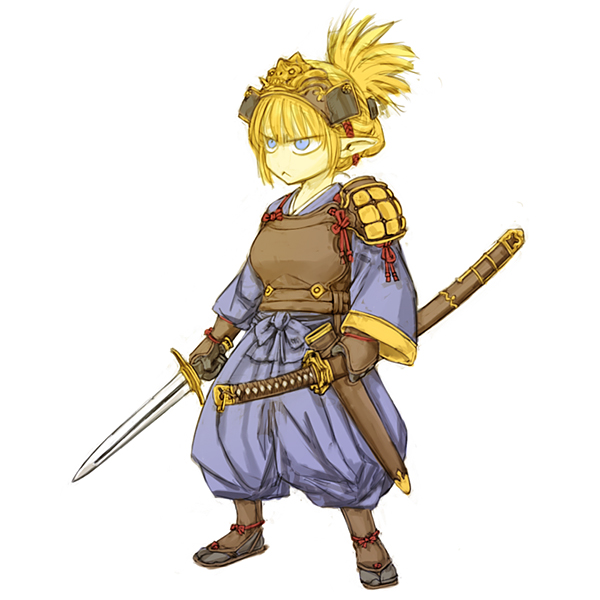 armor blonde_hair blue_eyes cervus japanese_armor japanese_clothes katana kote kusazuri original pointy_ears scabbard sheath sheathed simple_background sode sword unsheathing weapon