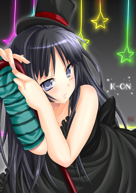black_hair blue_eyes cane don't_say_lazy don't_say_"lazy" dress face_paint facepaint fingerless_gloves gloves hat k-on! long_hair mini_top_hat pengin_guriko solo striped top_hat