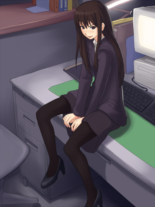 1girl black_pantyhose brown_hair computer computer_keyboard desk female high_heels long_hair maasan office_lady pantyhose shoes sitting solo