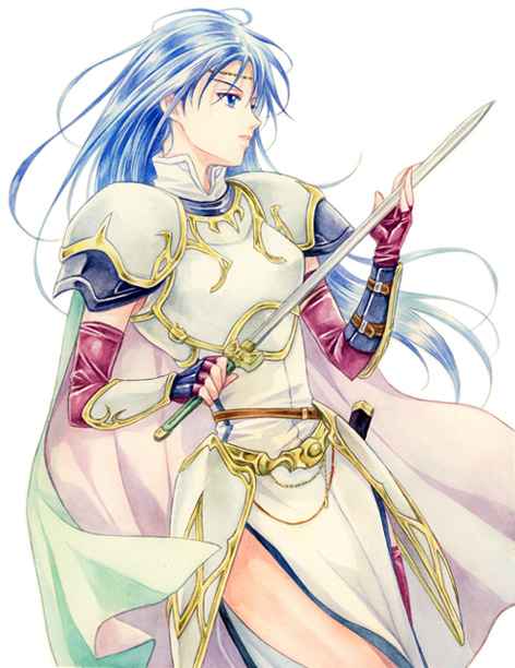 armor blue_eyes blue_hair cape circlet elbow_gloves fingerless_gloves fire_emblem fire_emblem:_rekka_no_ken fire_emblem_blazing_sword gloves isadora long_hair sword tabard weapon