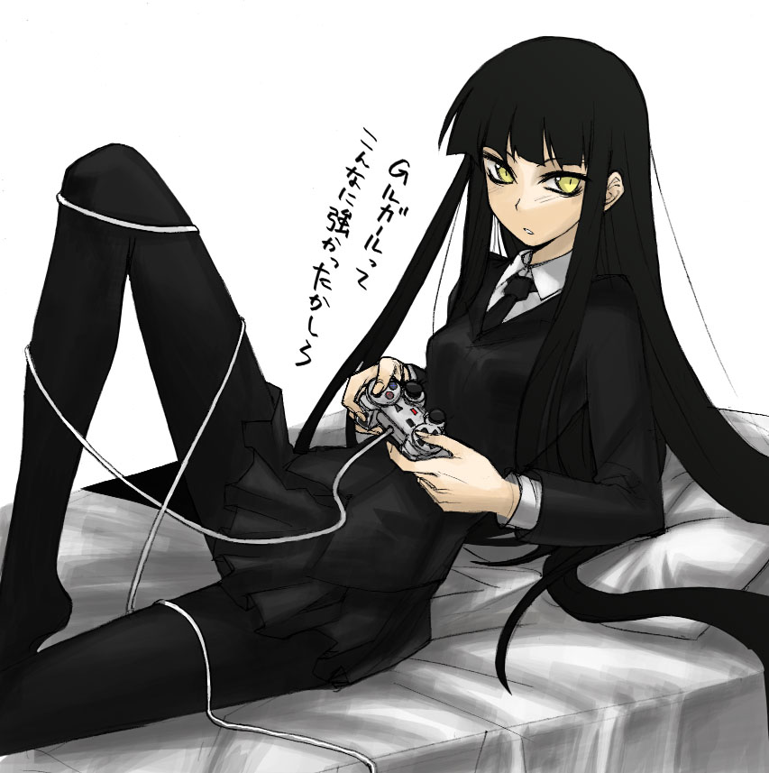 female_protagonist_(houkago_play) girls_playing_games houkago_play kimuchi long_hair necktie pantyhose playing_games playstation skirt stare very_long_hair video_game yellow_eyes