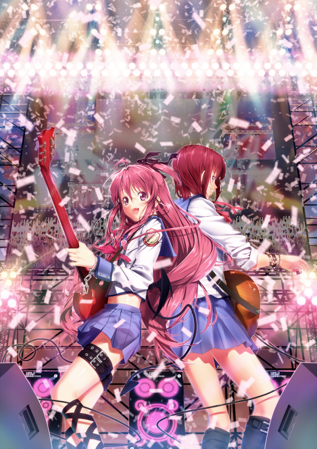 angel_beats! back-to-back confetti fang guitar highres instrument iwasawa jewelry long_hair multiple_girls nagareboshi open_mouth pink_eyes pink_hair red_eyes red_hair ribbon school_uniform sleeves_rolled_up yui_(angel_beats!)