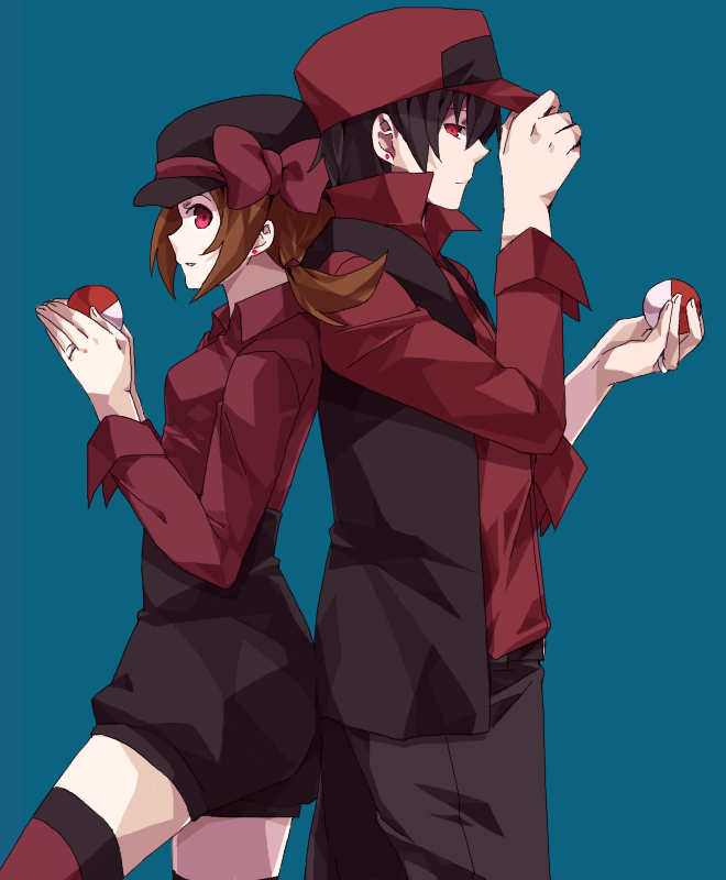 1boy 1girl 884 adapted_costume adjusting_hat back-to-back baseball_cap black_hair blue_background bow brown_hair earrings hat hat_bow hat_ribbon holding holding_poke_ball jewelry kotone_(pokemon) long_hair poke_ball pokemon pokemon_(game) pokemon_hgss profile red_(pokemon) red_(pokemon)_(classic) red_eyes ribbon ring short_hair thigh-highs twintails vest
