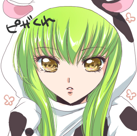 animal_costume c.c. cc code_geass cow_costume cow_print green_hair kurimomo lowres new_year translated yellow_eyes