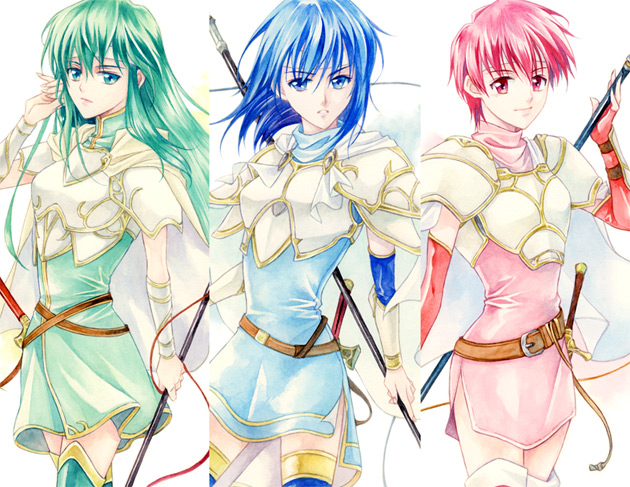 3girls armor blue_eyes blue_hair boots bracelet detached_sleeves est fingerless_gloves fire_emblem fire_emblem:_mystery_of_the_emblem fire_emblem_gaiden fire_emblem_mystery_of_the_emblem fire_emblem_shadow_dragon gloves green_eyes green_hair headband intelligent_systems jewelry katua long_hair nintendo paola pegasus_knight polearm red_eyes red_hair redhead short_hair siblings sisters skirt spear sword thigh-highs thigh_boots thighhighs weapon