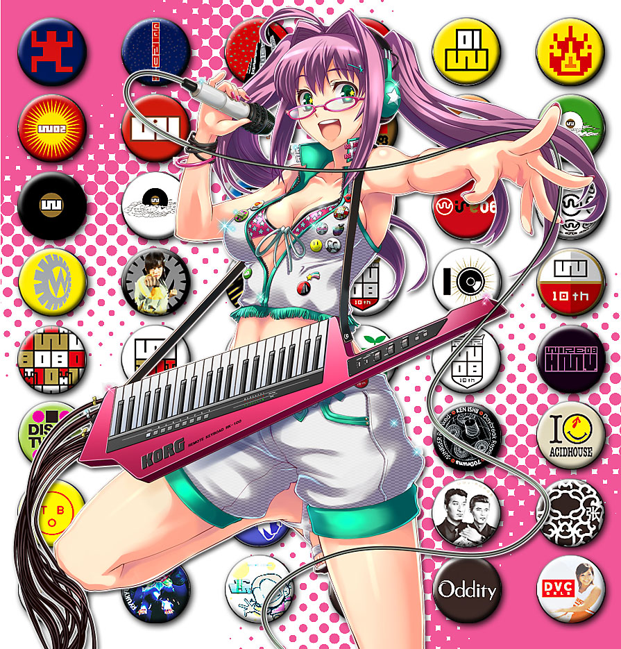 bikini_top breasts button_badge glasses green_eyes instrument keytar large_breasts long_hair microphone midriff purple_hair shike_naoto shorts singing