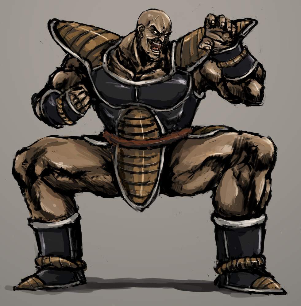 armor bald dragon_ball dragon_ball_z dragonball dragonball_z fighting_stance grin male moto_murabito muscle nappa smile solo traditional_media veins