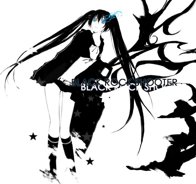 bikini_top black_rock_shooter black_rock_shooter_(character) blue_eyes boots cape ham ham_(eikasiahhh) long_hair midriff monochrome navel shorts simple_background spot_color twintails