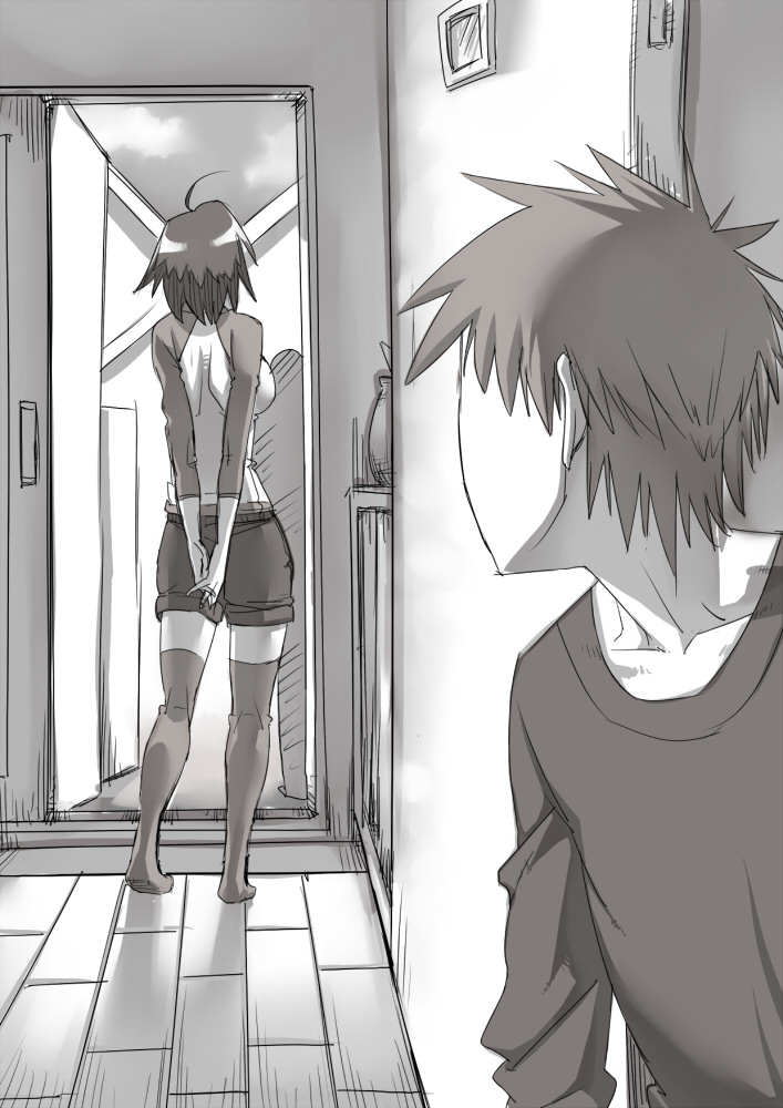 arms_behind arms_behind_back back brother_and_sister commentary_request from_behind hands_clasped indoors konakona monochrome original raglan_sleeves short_hair shorts siblings thigh-highs thighhighs zettai_ryouiki