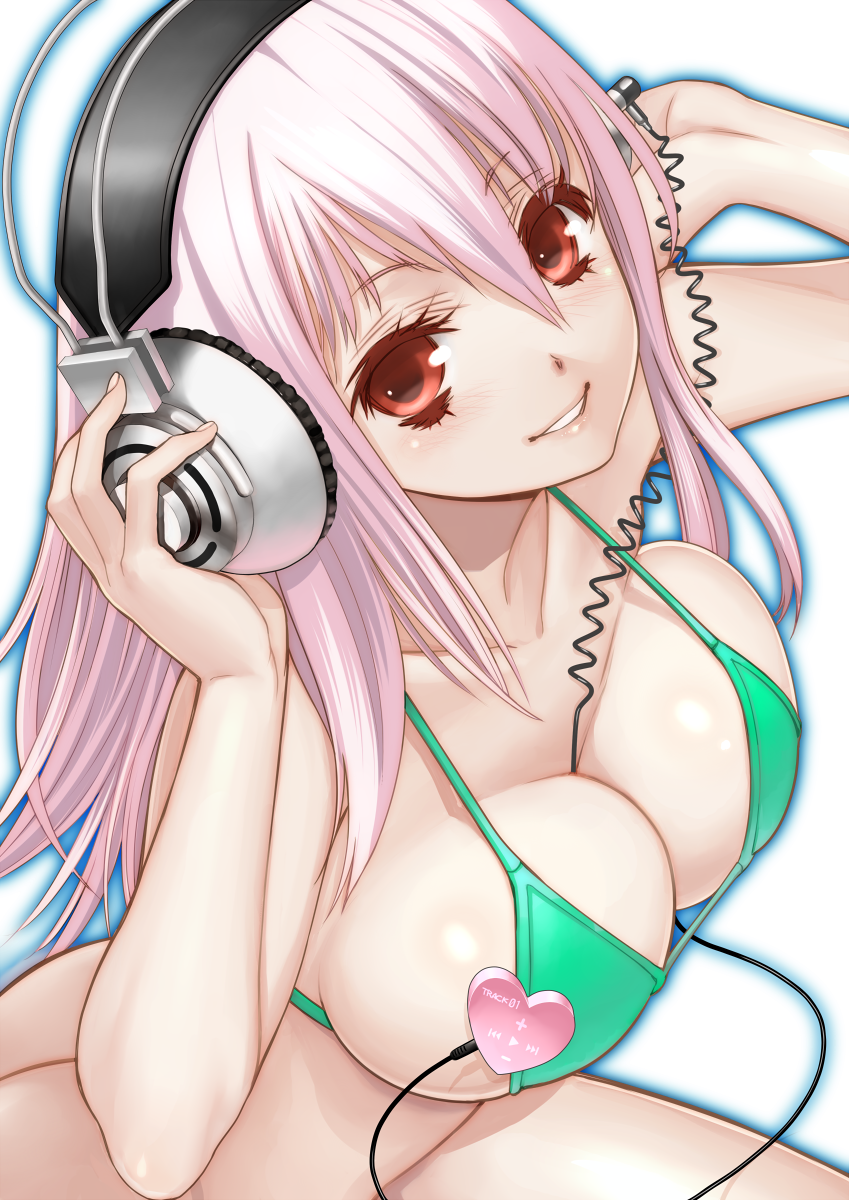 bikini breasts cleavage digital_media_player headphones highres large_breasts long_hair naitou_kuro nitroplus pink_hair red_eyes smile solo sonico soniko super_sonico swimsuit