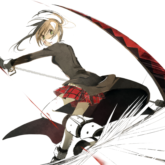 brown_hair edato from_below from_ground green_eyes maka_albarn scythe skirt soul_eater twintails