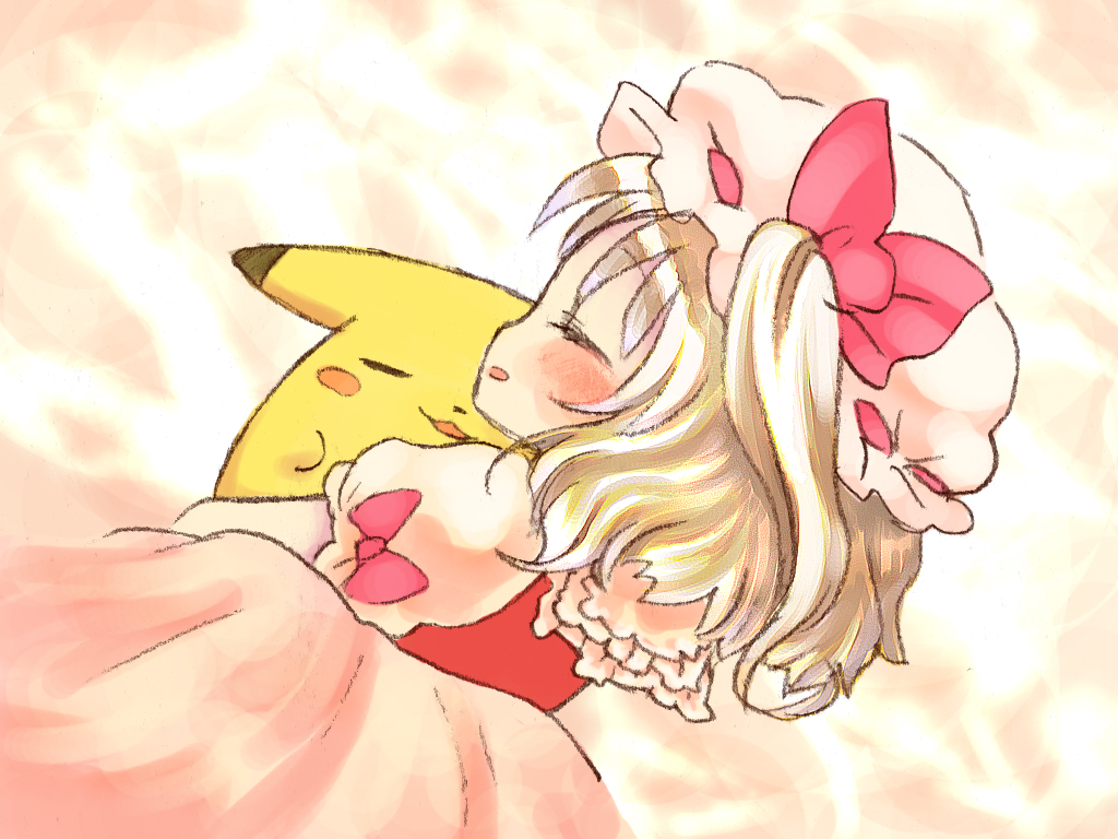 1girl blonde_hair blush flandre_scarlet hat hug pikachu pokemon pokemon_(creature) rias-shiki_kawaii short_hair sleeping touhou