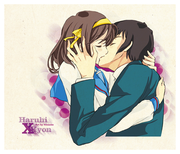 1girl brown_hair couple derivative_work hairband kiss kyon ninamo plagiarism school_uniform short_hair suzumiya_haruhi suzumiya_haruhi_no_yuuutsu