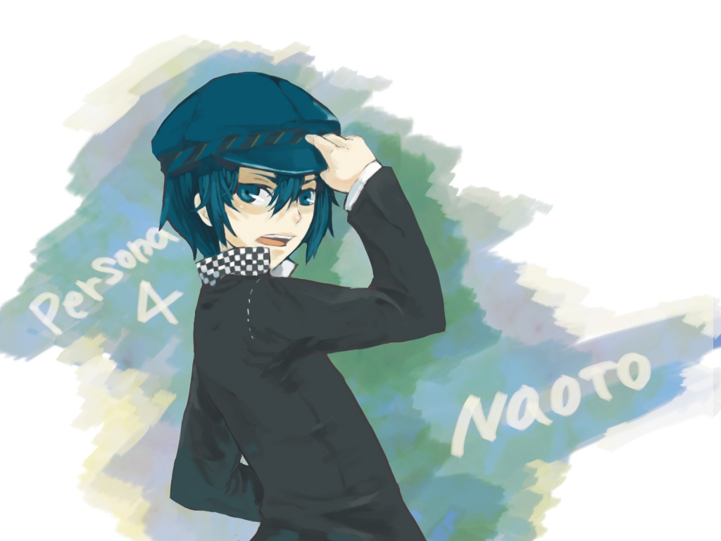 androgynous blue_eyes blue_hair cabbie_hat hat kaki_p p_(artist) persona persona_4 reverse_trap shirogane_naoto short_hair solo