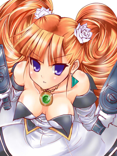 arcana_heart_2 bad_id bangs bare_shoulders blush breasts cleavage down_blouse dress drill_hair dual_wielding earrings elbow_gloves flower from_above gloves gun hair_flower hair_ornament jewelry necklace no_bra orange_hair paopao pendant petra_johanna_lagerkvist purple_eyes rose solo twin_drills twintails weapon